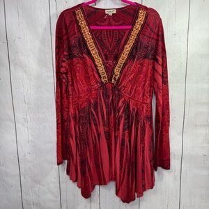 One World Red Paisley Embellished Tunic Top XL Boho Festival Whimsigoth Artsy